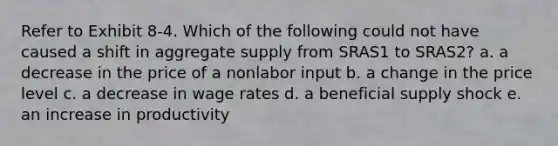 Refer to Exhibit 8-4. Which of the following could not have caused a shift in aggregate supply from SRAS1 to SRAS2? a. a decrease in the price of a nonlabor input b. a change in the price level c. a decrease in wage rates d. a beneficial supply shock e. an increase in productivity