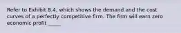 Refer to Exhibit 8.4, which shows the demand and the cost curves of a perfectly competitive firm. The firm will earn zero economic profit _____