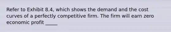 Refer to Exhibit 8.4, which shows the demand and the cost curves of a perfectly competitive firm. The firm will earn zero economic profit _____