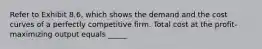 Refer to Exhibit 8.6, which shows the demand and the cost curves of a perfectly competitive firm. Total cost at the profit-maximizing output equals _____