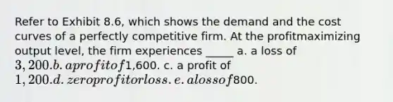 Refer to Exhibit 8.6, which shows the demand and the cost curves of a perfectly competitive firm. At the profitmaximizing output level, the firm experiences _____ a. a loss of 3,200. b. a profit of1,600. c. a profit of 1,200. d. zero profit or loss. e. a loss of800.