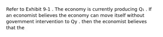 Refer to Exhibit 9-1 . The economy is currently producing Q₁ . If an economist believes the economy can move itself without government intervention to Qy . then the economist believes that the