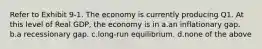 Refer to Exhibit 9-1. The economy is currently producing Q1. At this level of Real GDP, the economy is in a.an inflationary gap. b.a recessionary gap. c.long-run equilibrium. d.none of the above