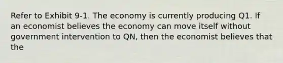 Refer to Exhibit 9-1. The economy is currently producing Q1. If an economist believes the economy can move itself without government intervention to QN, then the economist believes that the