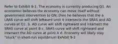 Refer to Exhibit 9-1. The economy is currently producing Q1. An economist believes the economy can move itself without government intervention to QN, then he believes that the a. LRAS curve will shift leftward until it intersects the SRAS and AD curves at Q1. b. AD curve will shift rightward and intersect the SRAS curve at point B c. SRAS curve will shift rightward and intersect the AD curve at point A d. Economy will likely stay "stuck" in short-run equilibrium Exhibit 9-2