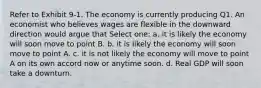 Refer to Exhibit 9-1. The economy is currently producing Q1. An economist who believes wages are flexible in the downward direction would argue that Select one: a. it is likely the economy will soon move to point B. b. it is likely the economy will soon move to point A. c. it is not likely the economy will move to point A on its own accord now or anytime soon. d. Real GDP will soon take a downturn.