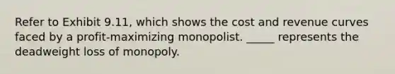 Refer to Exhibit 9.11, which shows the cost and revenue curves faced by a profit-maximizing monopolist. _____ represents the deadweight loss of monopoly.