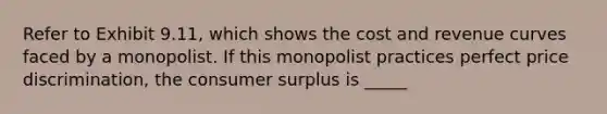 Refer to Exhibit 9.11, which shows the cost and revenue curves faced by a monopolist. If this monopolist practices perfect price discrimination, the consumer surplus is _____