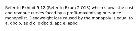 Refer to Exhibit 9.12 (Refer to Exam 2 Q13) which shows the cost and revenue curves faced by a profit-maximizing one-price monopolist. Deadweight loss caused by the monopoly is equal to a. dbc b. ap'd c. p'dbc d. apc e. apbd