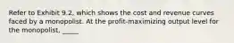 Refer to Exhibit 9.2, which shows the cost and revenue curves faced by a monopolist. At the profit-maximizing output level for the monopolist, _____