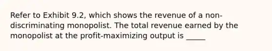 Refer to Exhibit 9.2, which shows the revenue of a non-discriminating monopolist. The total revenue earned by the monopolist at the profit-maximizing output is _____