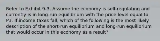 Refer to Exhibit 9-3. Assume the economy is self-regulating and currently is in long-run equilibrium with the price level equal to P3. If income taxes fall, which of the following is the most likely description of the short-run equilibrium and long-run equilibrium that would occur in this economy as a result?