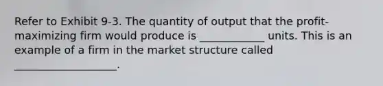 Refer to Exhibit 9-3. The quantity of output that the profit-maximizing firm would produce is ____________ units. This is an example of a firm in the market structure called ___________________.