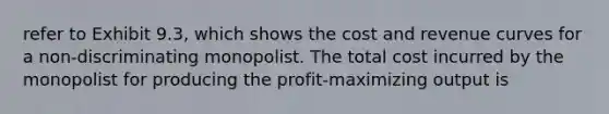 refer to Exhibit 9.3, which shows the cost and revenue curves for a non-discriminating monopolist. The total cost incurred by the monopolist for producing the profit-maximizing output is