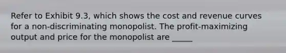 Refer to Exhibit 9.3, which shows the cost and revenue curves for a non-discriminating monopolist. The profit-maximizing output and price for the monopolist are _____