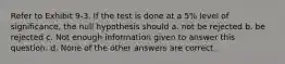 Refer to Exhibit 9-3. If the test is done at a 5% level of significance, the null hypothesis should a. not be rejected b. be rejected c. Not enough information given to answer this question. d. None of the other answers are correct.