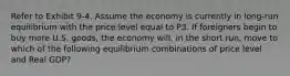 Refer to Exhibit 9-4. Assume the economy is currently in long-run equilibrium with the price level equal to P3. If foreigners begin to buy more U.S. goods, the economy will, in the short run, move to which of the following equilibrium combinations of price level and Real GDP?