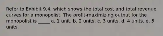 Refer to Exhibit 9.4, which shows the total cost and total revenue curves for a monopolist. The profit-maximizing output for the monopolist is _____ a. 1 unit. b. 2 units. c. 3 units. d. 4 units. e. 5 units.