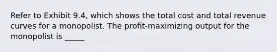 Refer to Exhibit 9.4, which shows the total cost and total revenue curves for a monopolist. The profit-maximizing output for the monopolist is _____