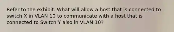 Refer to the exhibit. What will allow a host that is connected to switch X in VLAN 10 to communicate with a host that is connected to Switch Y also in VLAN 10?