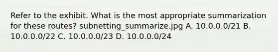 Refer to the exhibit. What is the most appropriate summarization for these routes? subnetting_summarize.jpg A. 10.0.0.0/21 B. 10.0.0.0/22 C. 10.0.0.0/23 D. 10.0.0.0/24