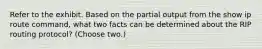 Refer to the exhibit. Based on the partial output from the show ip route command, what two facts can be determined about the RIP routing protocol? (Choose two.)