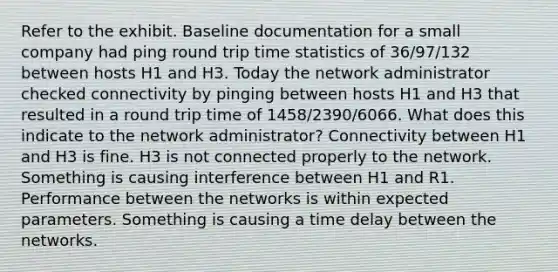 Refer to the exhibit. Baseline documentation for a small company had ping round trip time statistics of 36/97/132 between hosts H1 and H3. Today the network administrator checked connectivity by pinging between hosts H1 and H3 that resulted in a round trip time of 1458/2390/6066. What does this indicate to the network administrator? Connectivity between H1 and H3 is fine. H3 is not connected properly to the network. Something is causing interference between H1 and R1. Performance between the networks is within expected parameters. Something is causing a time delay between the networks.