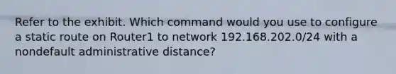 Refer to the exhibit. Which command would you use to configure a static route on Router1 to network 192.168.202.0/24 with a nondefault administrative distance?