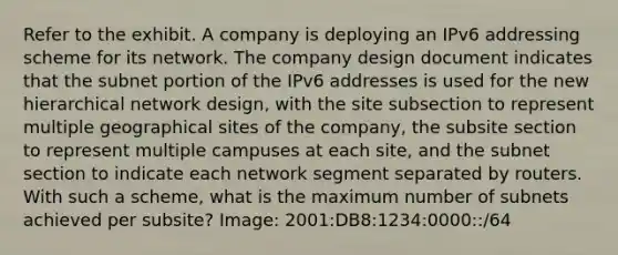 Refer to the exhibit. A company is deploying an IPv6 addressing scheme for its network. The company design document indicates that the subnet portion of the IPv6 addresses is used for the new hierarchical network design, with the site subsection to represent multiple geographical sites of the company, the subsite section to represent multiple campuses at each site, and the subnet section to indicate each network segment separated by routers. With such a scheme, what is the maximum number of subnets achieved per subsite? Image: 2001:DB8:1234:0000::/64