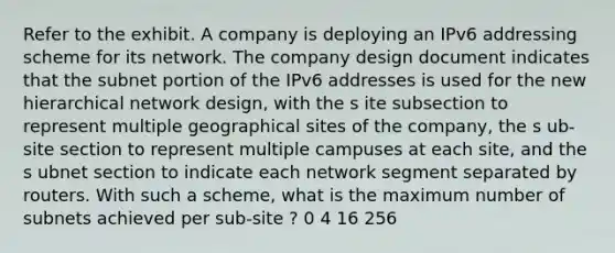 Refer to the exhibit. A company is deploying an IPv6 addressing scheme for its network. The company design document indicates that the subnet portion of the IPv6 addresses is used for the new hierarchical network design, with the s ite subsection to represent multiple geographical sites of the company, the s ub-site section to represent multiple campuses at each site, and the s ubnet section to indicate each network segment separated by routers. With such a scheme, what is the maximum number of subnets achieved per sub-site ? 0 4 16 256