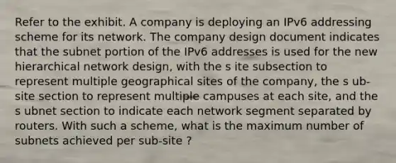 Refer to the exhibit. A company is deploying an IPv6 addressing scheme for its network. The company design document indicates that the subnet portion of the IPv6 addresses is used for the new hierarchical network design, with the s ite subsection to represent multiple geographical sites of the company, the s ub-site section to represent multiple campuses at each site, and the s ubnet section to indicate each network segment separated by routers. With such a scheme, what is the maximum number of subnets achieved per sub-site ?