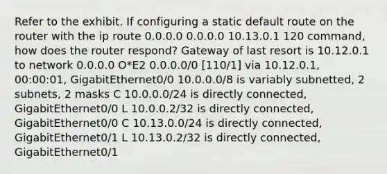 Refer to the exhibit. If configuring a static default route on the router with the ip route 0.0.0.0 0.0.0.0 10.13.0.1 120 command, how does the router respond? Gateway of last resort is 10.12.0.1 to network 0.0.0.0 O*E2 0.0.0.0/0 [110/1] via 10.12.0.1, 00:00:01, GigabitEthernet0/0 10.0.0.0/8 is variably subnetted, 2 subnets, 2 masks C 10.0.0.0/24 is directly connected, GigabitEthernet0/0 L 10.0.0.2/32 is directly connected, GigabitEthernet0/0 C 10.13.0.0/24 is directly connected, GigabitEthernet0/1 L 10.13.0.2/32 is directly connected, GigabitEthernet0/1