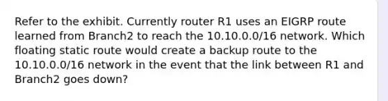 Refer to the exhibit. Currently router R1 uses an EIGRP route learned from Branch2 to reach the 10.10.0.0/16 network. Which floating static route would create a backup route to the 10.10.0.0/16 network in the event that the link between R1 and Branch2 goes down?