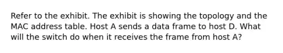 Refer to the exhibit. The exhibit is showing the topology and the MAC address table. Host A sends a data frame to host D. What will the switch do when it receives the frame from host A?