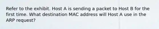 Refer to the exhibit. Host A is sending a packet to Host B for the first time. What destination MAC address will Host A use in the ARP request?