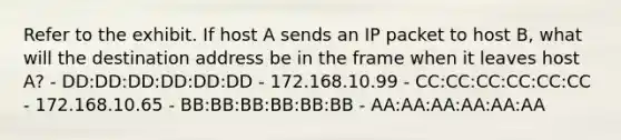 Refer to the exhibit. If host A sends an IP packet to host B, what will the destination address be in the frame when it leaves host A? - DD:DD:DD:DD:DD:DD - 172.168.10.99 - CC:CC:CC:CC:CC:CC - 172.168.10.65 - BB:BB:BB:BB:BB:BB - AA:AA:AA:AA:AA:AA