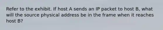 Refer to the exhibit. If host A sends an IP packet to host B, what will the source physical address be in the frame when it reaches host B?