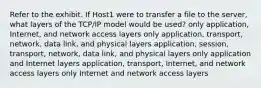 Refer to the exhibit. If Host1 were to transfer a file to the server, what layers of the TCP/IP model would be used? only application, Internet, and network access layers only application, transport, network, data link, and physical layers application, session, transport, network, data link, and physical layers only application and Internet layers application, transport, Internet, and network access layers only Internet and network access layers