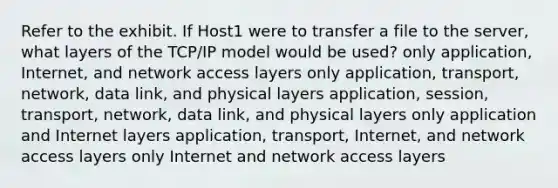 Refer to the exhibit. If Host1 were to transfer a file to the server, what layers of the TCP/IP model would be used? only application, Internet, and network access layers only application, transport, network, data link, and physical layers application, session, transport, network, data link, and physical layers only application and Internet layers application, transport, Internet, and network access layers only Internet and network access layers