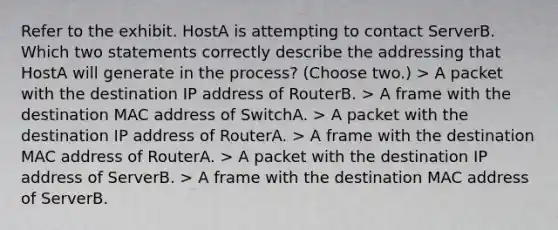 Refer to the exhibit. HostA is attempting to contact ServerB. Which two statements correctly describe the addressing that HostA will generate in the process? (Choose two.) > A packet with the destination IP address of RouterB. > A frame with the destination MAC address of SwitchA. > A packet with the destination IP address of RouterA. > A frame with the destination MAC address of RouterA. > A packet with the destination IP address of ServerB. > A frame with the destination MAC address of ServerB.