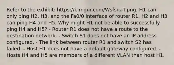 Refer to the exhibit: https://i.imgur.com/WsfsqaT.png. H1 can only ping H2, H3, and the Fa0/0 interface of router R1. H2 and H3 can ping H4 and H5. Why might H1 not be able to successfully ping H4 and H5? - Router R1 does not have a route to the destination network. - Switch S1 does not have an IP address configured. - The link between router R1 and switch S2 has failed. - Host H1 does not have a default gateway configured. - Hosts H4 and H5 are members of a different VLAN than host H1.