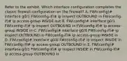 Refer to the exhibit. Which interface configuration completes the classic firewall configuration on the firewall? A. FW(config)# interface g0/1 FW(config-if)# ip inspect OUTBOUND in FW(config-if)# ip access-group INSIDE out B. FW(config)# interface g0/1 FW(config-if)# ip inspect OUTBOUND in FW(config-if)# ip access-group INSIDE in C. FW(config)# interface g0/0 FW(config-if)# ip inspect OUTBOUND in FW(config-if)# ip access-group INSIDE in D. FW(config)# interface g0/0 FW(config-if)# ip inspect INSIDE in FW(config-if)# ip access-group OUTBOUND in E. FW(config)# interface g0/1 FW(config-if)# ip inspect INSIDE in FW(config-if)# ip access-group OUTBOUND in