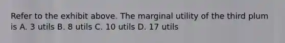 Refer to the exhibit above. The marginal utility of the third plum is A. 3 utils B. 8 utils C. 10 utils D. 17 utils