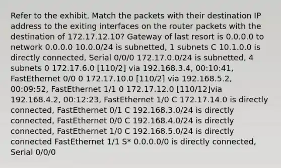 Refer to the exhibit. Match the packets with their destination IP address to the exiting interfaces on the router packets with the destination of 172.17.12.10? Gateway of last resort is 0.0.0.0 to network 0.0.0.0 10.0.0/24 is subnetted, 1 subnets C 10.1.0.0 is directly connected, Serial 0/0/0 172.17.0.0/24 is subnetted, 4 subnets 0 172.17.6.0 [110/2] via 192.168.3.4, 00:10:41, FastEthernet 0/0 0 172.17.10.0 [110/2] via 192.168.5.2, 00:09:52, FastEthernet 1/1 0 172.17.12.0 [110/12]via 192.168.4.2, 00:12:23, FastEthernet 1/0 C 172.17.14.0 is directly connected, FastEthernet 0/1 C 192.168.3.0/24 is directly connected, FastEthernet 0/0 C 192.168.4.0/24 is directly connected, FastEthernet 1/0 C 192.168.5.0/24 is directly connected FastEthernet 1/1 S* 0.0.0.0/0 is directly connected, Serial 0/0/0