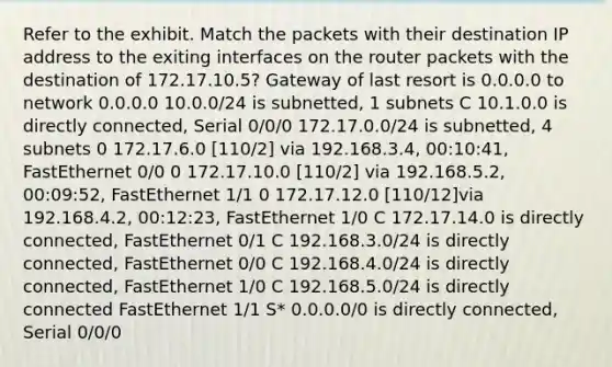 Refer to the exhibit. Match the packets with their destination IP address to the exiting interfaces on the router packets with the destination of 172.17.10.5? Gateway of last resort is 0.0.0.0 to network 0.0.0.0 10.0.0/24 is subnetted, 1 subnets C 10.1.0.0 is directly connected, Serial 0/0/0 172.17.0.0/24 is subnetted, 4 subnets 0 172.17.6.0 [110/2] via 192.168.3.4, 00:10:41, FastEthernet 0/0 0 172.17.10.0 [110/2] via 192.168.5.2, 00:09:52, FastEthernet 1/1 0 172.17.12.0 [110/12]via 192.168.4.2, 00:12:23, FastEthernet 1/0 C 172.17.14.0 is directly connected, FastEthernet 0/1 C 192.168.3.0/24 is directly connected, FastEthernet 0/0 C 192.168.4.0/24 is directly connected, FastEthernet 1/0 C 192.168.5.0/24 is directly connected FastEthernet 1/1 S* 0.0.0.0/0 is directly connected, Serial 0/0/0