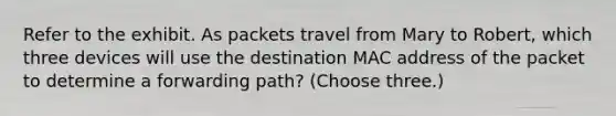 Refer to the exhibit. As packets travel from Mary to Robert, which three devices will use the destination MAC address of the packet to determine a forwarding path? (Choose three.)