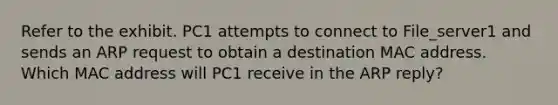 Refer to the exhibit. PC1 attempts to connect to File_server1 and sends an ARP request to obtain a destination MAC address. Which MAC address will PC1 receive in the ARP reply?