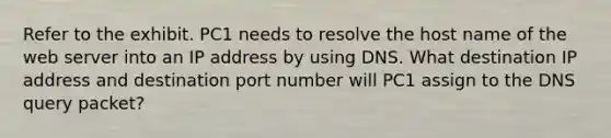 Refer to the exhibit. PC1 needs to resolve the host name of the web server into an IP address by using DNS. What destination IP address and destination port number will PC1 assign to the DNS query packet?​