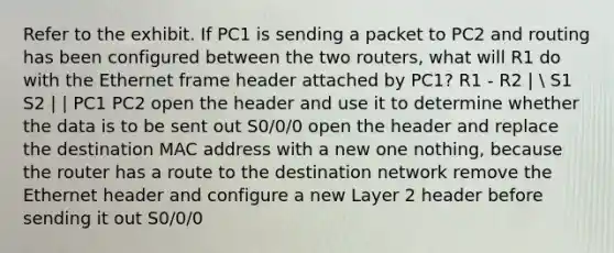 Refer to the exhibit. If PC1 is sending a packet to PC2 and routing has been configured between the two routers, what will R1 do with the Ethernet frame header attached by PC1? R1 - R2 |  S1 S2 | | PC1 PC2 open the header and use it to determine whether the data is to be sent out S0/0/0 open the header and replace the destination MAC address with a new one nothing, because the router has a route to the destination network remove the Ethernet header and configure a new Layer 2 header before sending it out S0/0/0