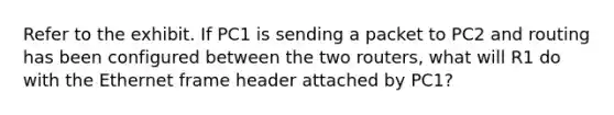 Refer to the exhibit. If PC1 is sending a packet to PC2 and routing has been configured between the two routers, what will R1 do with the Ethernet frame header attached by PC1?